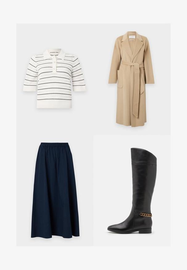 Cappotto lungo in lana beige con ampi revers, due tasche frontali e una cintura coordinata legata in vita.; Polo a maniche corte color crema con righe nere. Caratterizzato da una chiusura con bottoni, una texture lavorata a maglia e un design traforato per la ventilazione.; Gonna lunga di colore blu navy realizzata in tessuto testurizzato con vita elastica e sottili righe verticali.; Alti stivali in pelle nera dal design elegante, punta affusolata e dettagli in catena dorata alla caviglia. Tacco a blocco basso. Texture liscia.