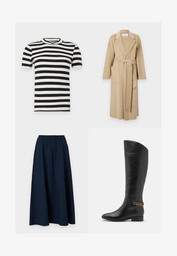 Pikk beez valgest villast mantel, laiad kraed, kaks eesmist taskut ja sobiv vöö, mis on vöö ümber kinnitatud.; Mustvalge triibuline lühikese varrukaga ribakujuline T-särk ümmarguse kaeluse ja istuva siluetiga. Pehme tekstuur kogu ulatuses.; Tumedat sinine, põrandapikkune seelik, mis on valmistatud tekstuurilisest kangast, millel on elastne vöökoht ja kerged püstised triibud.; Kõrged mustad nahast saapad, millel on stiilne disain, terav nina ja kuldne kett aktsent pahkluul. Madal plokk-konts. Sile tekstuur.