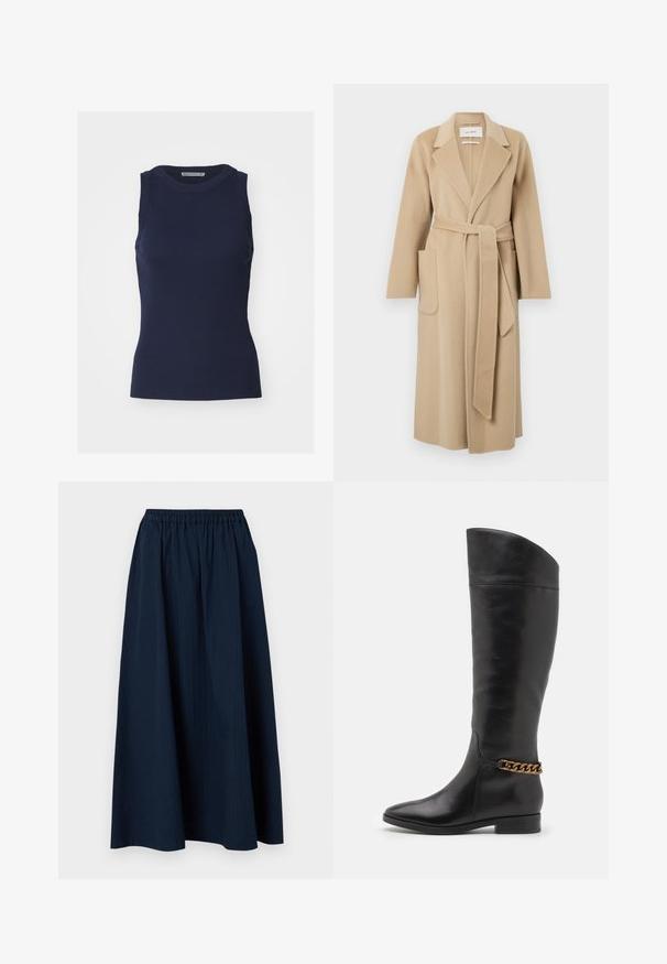 Dlouhý béžový vlněný kabát s širokými klopami, dvěma předními kapsami a odpovídajícím páskem uvázaným v pase.; Námořnická modrá bezrukávová blůza vyrobená z ribového materiálu, s kulatým výstřihem a přiléhavým střihem. Jednoduchý design bez dalších ozdob.; Námořnická modrá, dlouhá sukně vyrobená z texturované látky s elastickým pasem a jemnými vertikálními pruhy.; Vysoké černé kožené boty s elegantním designem, špičatou špičkou a zlatým řetízkem na kotníku. Nízký blokový podpatek. Hladká textura.