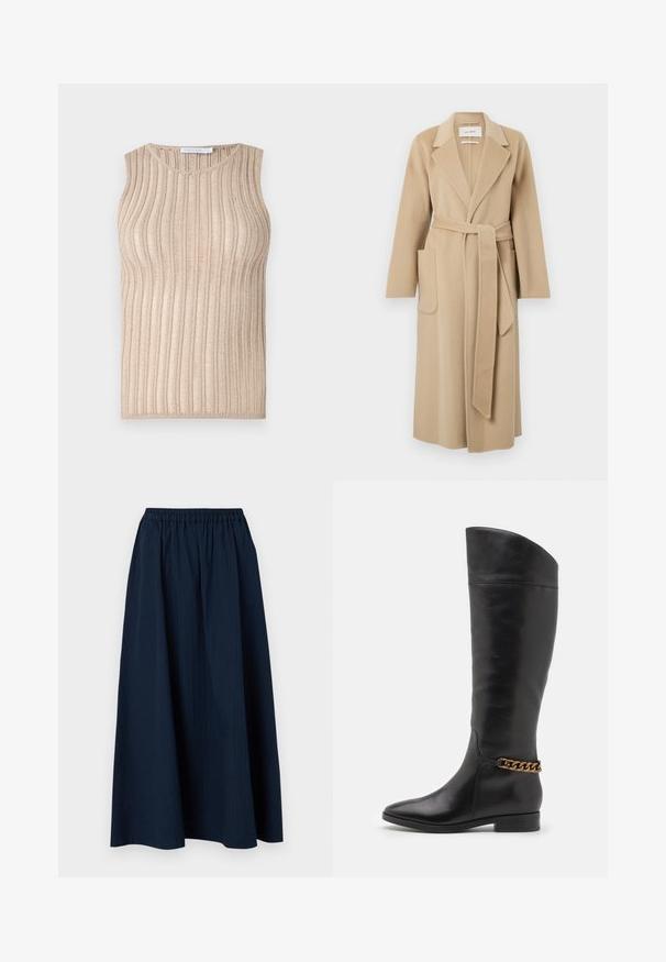 Long beige wool coat with wide lapels, two front pockets, and a matching belt tied at the waist.; Beige sleeveless top with vertical ribbed texture, featuring a round neckline and a subtle shiny effect throughout the fabric.; Navy blue, full-length skirt made from textured fabric with an elastic waistband and subtle vertical stripes.; Tall black leather boots with a sleek design, pointed toe, and a gold chain accent at the ankle. Low block heel. Smooth texture.