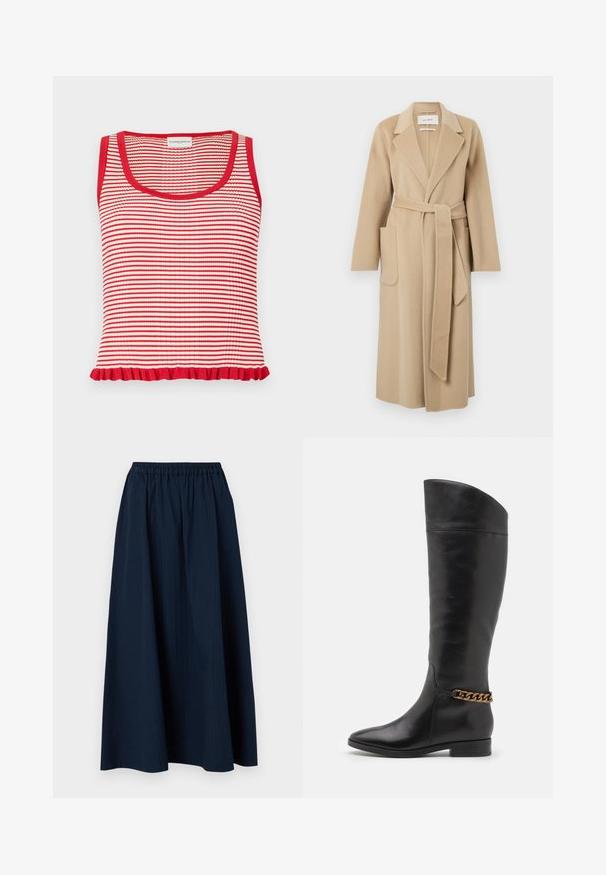 Pitkä beige villakangas takki, jossa on leveät kaulukset, kaksi etutaskua ja matching vyö solmittuna vyötärölle.; Punainen ja valkoinen raidallinen hihaton paita, jossa on ribbaittu pinta ja röyhelöhelma. Ominaisuuksina pyöreä pääntie ja leveät olkahihnat.; Laivastonsininen, kokopitkä hame, joka on valmistettu tekstuurillisesta kankaasta ja jossa on joustava vyötärö ja hienovaraiset pystysuorat raidat.; Pitkiä mustista nahkasaappaista, joissa on tyylikäs muotoilu, terävä kärki ja kultaketjuakseli nilkassa. Matala lohko korko. Sujuva pinta.