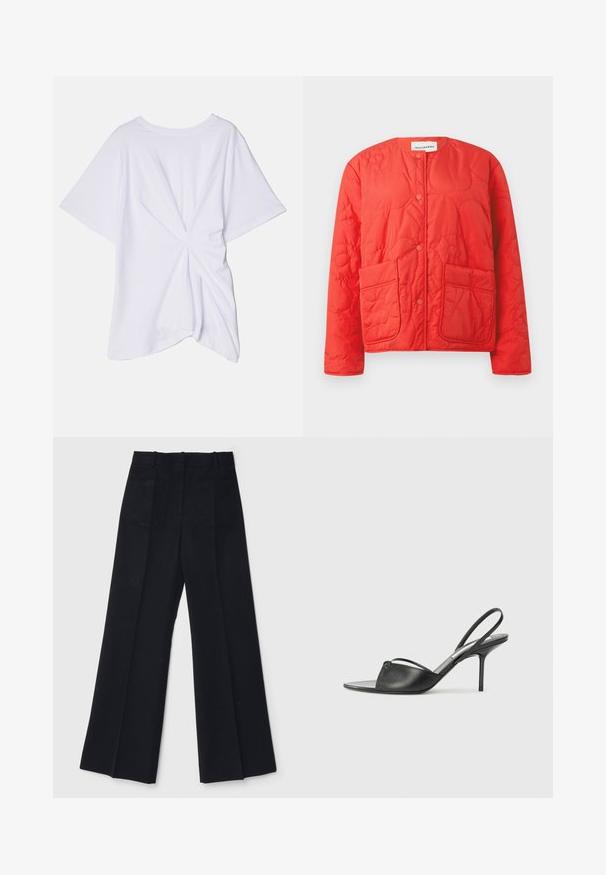 Quilted red jacket with a rounded neckline, snap buttons, and two front pockets displayed against a plain white background.; Victoria Beckham BODY TWIST TEE - Print T-shirt - white; Black wide-leg trousers made of a smooth fabric, featuring a high waist, two back pockets, and subtle front pleats for added shape.; Black leather slingback heels with a pointed toe, thin ankle strap, and stiletto heel. Features a knotted detail on the vamp.