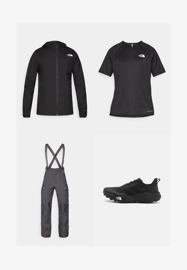 The North Face FONTANALES JACKET - Vodootporna jakna - black; Crna kratkotrajna atletska majica s teksturiranom tkaninom, koja ima bijeli logo na lijevom prsnom dijelu i ravni rub.; Sive tople za rad s podesivim naramenicama, više džepova i ojačanim koljenima, s glatkom i izdržljivom teksturom tkanine.; Crne trail trkačke cipele s teksturiranim gornjim dijelom, gumeni potplat i ojačana zaštita za prste. Imaju podstavljen ovratnik i trakicu za lakše obuvanje.