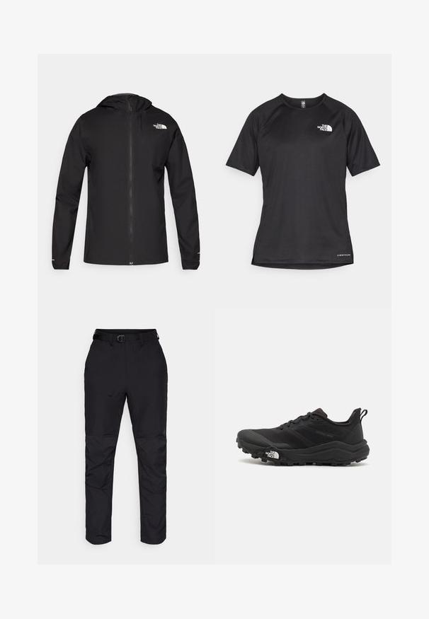 The North Face FONTANALES JACKET - Sadetakki - black; Mustat lyhythihaiset urheilupaidat, joissa on teksturoitu kangas, valkoisella logolla vasemmassa rinnassa ja suora helma.; Mustat housut, jotka on valmistettu kestävästä kankaasta ja jotka ovat suoran leikkauksen omaavat. Ominaisuuksiin kuuluu vyötärö, jossa on vyö, ja tekstuurilla varustetut yksityiskohdat alaosissa.; Musta maastojuoksukengät, joissa on teksturoitu päällinen, kumipohja ja vahvistettu varvastoppia. Varusteena pehmustettu nilkkakappale ja vetotappi helppoa pukemista varten.