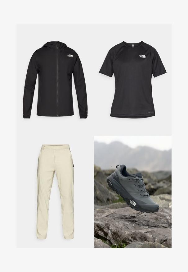 The North Face FONTANALES JACKET - Jachetă impermeabilă - black; Tricou athletic scurt, de culoare neagră, cu un material texturat, având un logo alb pe partea stângă a pieptului și un tiv drept.; Oakley TERRAIN PANT - Pantaloni - silver sage/white; Pantof de alergare pe trasee gri, cu o partieră texturată, talpă din cauciuc durabil și vârf întărit. Dispune de șireturi și logo-ul brandului pe lateral.