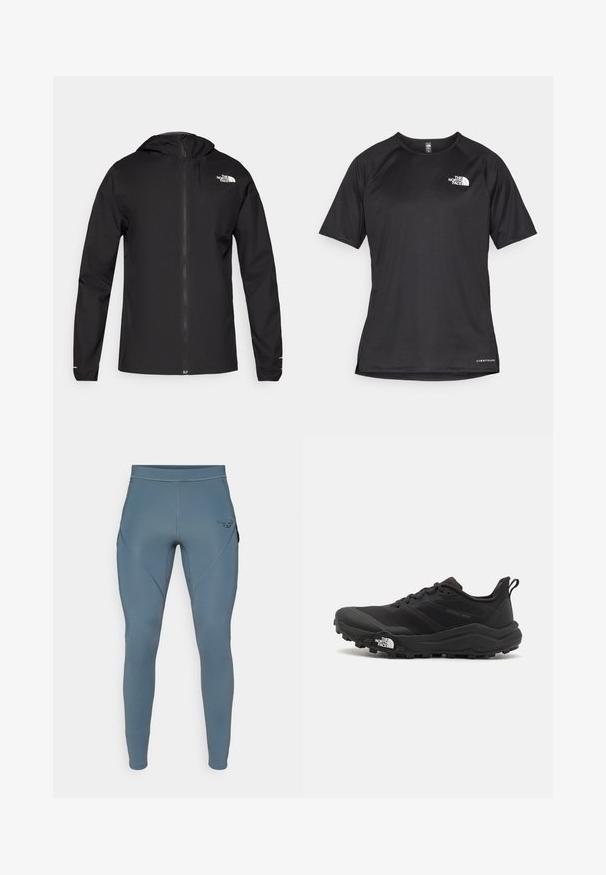 The North Face FONTANALES JACKET - Impermeabile - black; Maglietta sportiva nera a maniche corte con tessuto testurizzato, caratterizzata da un logo bianco sul lato sinistro del petto e orlo dritto.; Leggings atletiche blu con una texture liscia, dotati di tasche laterali e un logo nero a contrasto sull'anca. Design aderente.; Scarpa da trail running nera con tomaia texture, suola in gomma e punta rinforzata. Presenta un collare imbottito e un tassello per un indossamento facile.