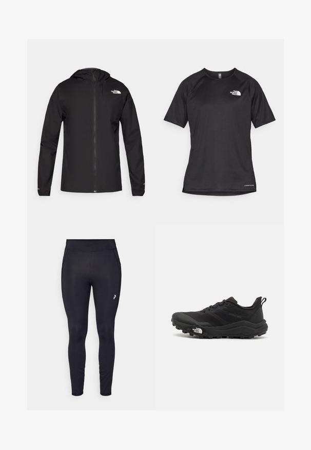 The North Face FONTANALES JACKET - Waterproof jacket - black; Black short-sleeve athletic shirt with a textured fabric, featuring a white logo on the left chest and a straight hem.; Black athletic leggings made of stretchy fabric. Features a high waistband, smooth texture, and a small logo on the side.; Black trail running shoe with a textured upper, rubber sole, and reinforced toe cap. Features a padded collar and pull tab for easy wear.