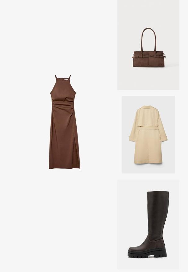 Beige trench coat dengan hem belakang pendek, lengan panjang, dan sabuk. Terbuat dari kain halus, memiliki kerah bergerigi dan celah samping.; Stradivarius HALTER - Kotelomekko - dark brown; Kahvia kumia polven korkeudelle yltävät saappaat, joissa on paksu musta platform-pohja ja vähäiset ompeluyksityiskohdat. Suora muotoilu ja sileä pinta.; Ruskean mokkanahkainen käsilaukku, jossa on kaksi tukevaa kahvaa, suorakulmainen muoto ja koristeellinen hihnayohtelu edessä.