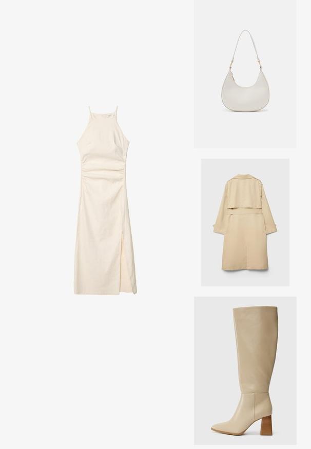 Bež plašč z usnjem, kratek hrbtni del, dolgi rokavi in pasom. Narejen iz gladkega materiala, ima zarezani ovratnik in stranske razpokane.; Stradivarius HALTER - Enostavna obleka - stone; Beige usnjena škornja do kolen s koničastim nosom, teksturiranim blokastim petom in gladko površino. Šivni detajl pri gležnju in zgornjem robu.; Krema usnjena torba za ramo v obliki polmesecca, z tankim trakom in subtilnim šivom. Minimalističen dizajn z zlatimi kovinskimi dodatki.