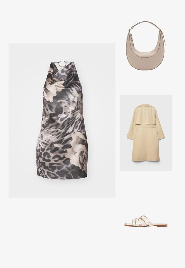 Bež plašč z usnjem, kratek hrbtni del, dolgi rokavi in pasom. Narejen iz gladkega materiala, ima zarezani ovratnik in stranske razpokane.; Halterska obleka v črno-sivi barvi z vzorcem, ki združuje cvetlične in leopardje vzorce, ima okrogel zlat dodatek na dekolteju ter mehko in gladko teksturo.; Ravne sandale s svetlo rjavim gumijastim podplatom, zasnovane s tremi prekrivajočimi se belimi usnjenimi trakovi in majhnim lokom na sredini.; Bež usnjena torba za rame v obliki kružnice, z gladko teksturo in eno ukrivljeno zanko. Ima zadrgo in urejen šiv.