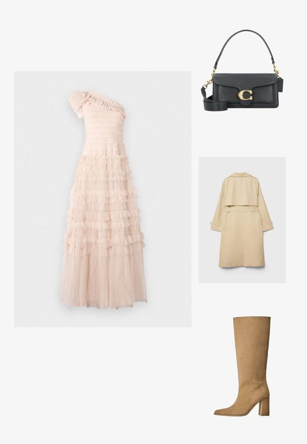 Bež plašč z usnjem, kratek hrbtni del, dolgi rokavi in pasom. Narejen iz gladkega materiala, ima zarezani ovratnik in stranske razpokane.; Asimetrična obleka z enim ramenom v svetlo bež barvi, z nabranim korzetom in plasteh volanov po celotni padajoči krili z pikčasto teksturo.; Tanki suede škornji do kolen v bež barvi z blok peto, z ošiljenim nosom in gladko teksturo. Minimalističen dizajn brez okraskov.; Črna usnjena torbica z zlatim okovjem, ki se ponaša s prepoznavnim zapiralom, odstranljivim ramenskim trakom in teksturirano površino.
