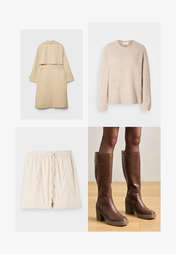 Manteau beige avec un ourlet arrière court, des manches longues et une ceinture. Fabriqué en tissu lisse, il présente un col à revers et des fentes latérales.; Pull en maille beige avec col rond, manches longues et ourlet côtelé. Tissu doux et texturé avec une coupe décontractée.; T-shirt blanc à manches courtes en coton. Doté d'un col ras du cou et d'une coupe décontractée. Texture lisse sans motifs ni accents visibles.; Shorts en coton beige avec une taille élastique, un cordon de serrage et deux poches latérales ; présentent une coupe décontractée et un ourlet roulé.; Anna Field Bottes à plateau - cognac