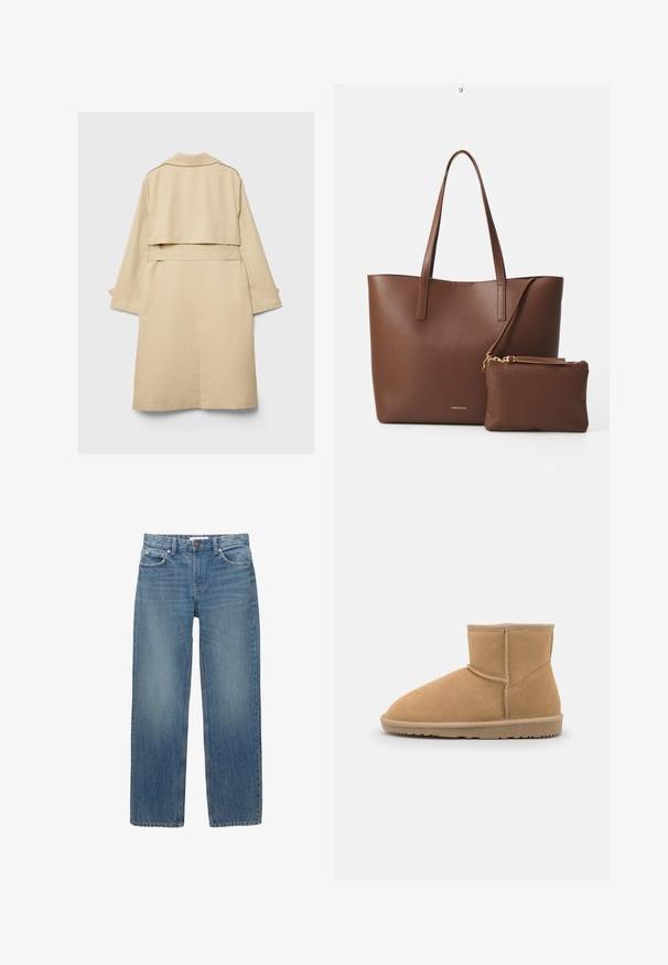 Bež baloner s kratkim stražnjim rubom, dugim rukavima i remenom. Izrađen od glatkog materijala, ima reverasti ovratnik i bočne proreze.; Bežani pleteni pulover s okruglim izrezom, dugim rukavima i rebrastim rubom. Mekani, teksturirani materijal s opuštenim krojem.; Svijetloplave traperice ravnog kroja, s pet džepova i hardverom u boji bakra. Tkanina ima blago izblijedjelu boju i glatku teksturu.; Tamni antilop čizmi do gležnja s okruglim vrhom i podstavljenim ovratnikom, s kontrastnim šavovima i teksturiranom gumenom potplatom.; Smeđa torba od umjetne kože s dva duga ručka i odgovarajućom malom torbicom. Površina ima teksturirani uzorak i zlatne metalne detalje.