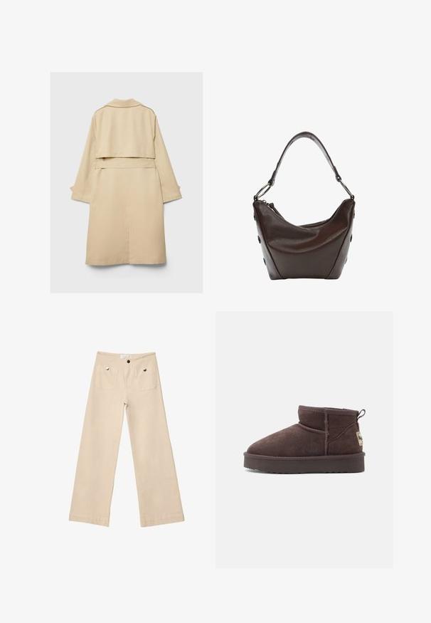 Béžový trenčkot s krátkým zadním lemem, dlouhými rukávy a páskem. Vyroben z hladké látky, má klopový límec a boční rozparky.; Beige zkrácený svetr vyrobený z měkké pleteniny. Má kulatý výstřih, dlouhé rukávy a žebrované manžety a lem pro větší texturu.; Béžové široké kalhoty z měkké bavlny, s dvěma předními kapsami se stříbrnými detaily, rovný střih a pečlivě dokončené lemy.; Hnědé semišové kotníkové boty s zaoblenou špičkou, minimálními švy a texturovanou gumovou podrážkou. Obsahují malý poutko na zadní straně a značkovou etiketu.; Tmavě hnědá kožená kabelka s oblým tvarem, na zip a s krátkým uchopovacím držadlem. Obsahuje kovové detaily a dekorativní černé knoflíky po stranách.