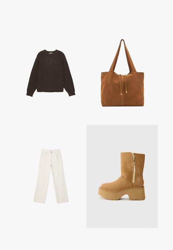 Beige Trenchcoat mit einem kurzen hinteren Saum, langen Ärmeln und einem Gürtel. Aus glattem Stoff gefertigt, verfügt er über einen eingekerbten Kragen und seitliche Schlitze.; Dunkelbrauner Strickpullover mit gerippter Textur, rundem Halsausschnitt und langen Raglanärmeln. Der Saum und die Bündchen sind ebenfalls gerippt.; Weiße lässige Jeans aus Denim mit hochgeschnittenem Bund, Fronttaschen und Knopfverschluss. Schlichtes Design mit minimalen Akzenten.; UGG NEW HEIGHTS CUFF - Snowboot/Winterstiefel - chestnut; Braune Wildleder-Tasche mit zwei langen Trägern, Zugverschluss und minimalistischem Design. Glatte Textur und keine sichtbaren Hardware-Details.