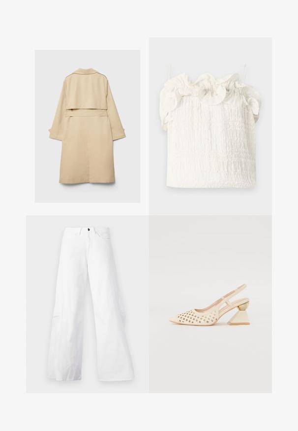 Trench coat beige con orlo posteriore corto, maniche lunghe e cintura. Realizzato in tessuto morbido, presenta un colletto a punte e fessure laterali.; Hofmann Copenhagen EXCLUSIVE GENEVIVE - Top - off white; Pantaloni in denim bianchi a gamba larga con design a cinque tasche. Presentano una chiusura con bottone nero e zip. Texture liscia, silhouette dritta.; Scarpa slingback beige con tomaia perforata, punta affilata e un tacco triangolare a contrasto con un accento dorato. Texture liscia nel complesso.
