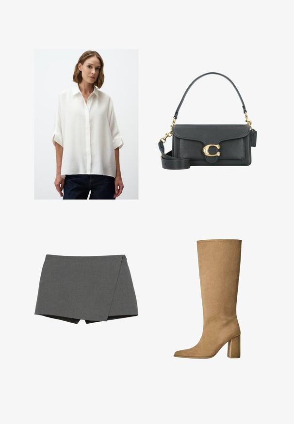 Trench coat beige con orlo posteriore corto, maniche lunghe e cintura. Realizzato in tessuto morbido, presenta un colletto a punte e fessure laterali.; Camicia bianca con bottoni, dal taglio morbido, maniche corte arrotolate e tessuto testurizzato. Abbinata a jeans in denim scuro.; Pantaloni corti avvolgenti grigi realizzati in tessuto liscio, con un taglio diagonale e bordi puliti. Nessun hardware o decorazione visibile.; Stivale al ginocchio in suede beige con tacco a blocco, caratterizzato da una punta affusolata e una superficie liscia. Design minimalista senza decorazioni.; Borsa a tracolla in pelle nera con accessori in metallo dorato, dotata di una chiusura distintiva, di una tracolla rimovibile e di una superficie texturizzata.