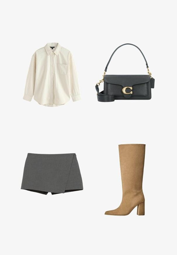 Beżowy trench z krótkim tylnym hemem, długimi rękawami i paskiem. Wykonany z gładkiego materiału, posiada wykładany kołnierz i boczne rozcięcia.; Jasno beżowa koszula z długim rękawem zapinana na guziki z cienkimi niebieskimi pionowymi paskami, z kieszonką z przodu i zaokrąglonym dołem. Miękka tekstura materiału.; Szare szorty w stylu zwijanym, wykonane z gładkiego materiału, z ukośnym cięciem i czystymi krawędziami. Brak widocznych elementów metalowych lub ozdób.; Karmowe zamszowe botki do kolan na słupku, z ostrym noskiem i gładką fakturą. Minimalistyczny design bez ozdób.; Czarna skórzana torba na ramię z akcentami w kolorze złotym, wyposażona w charakterystyczne zapięcie, odpinany pasek na ramię oraz teksturowaną powierzchnię.