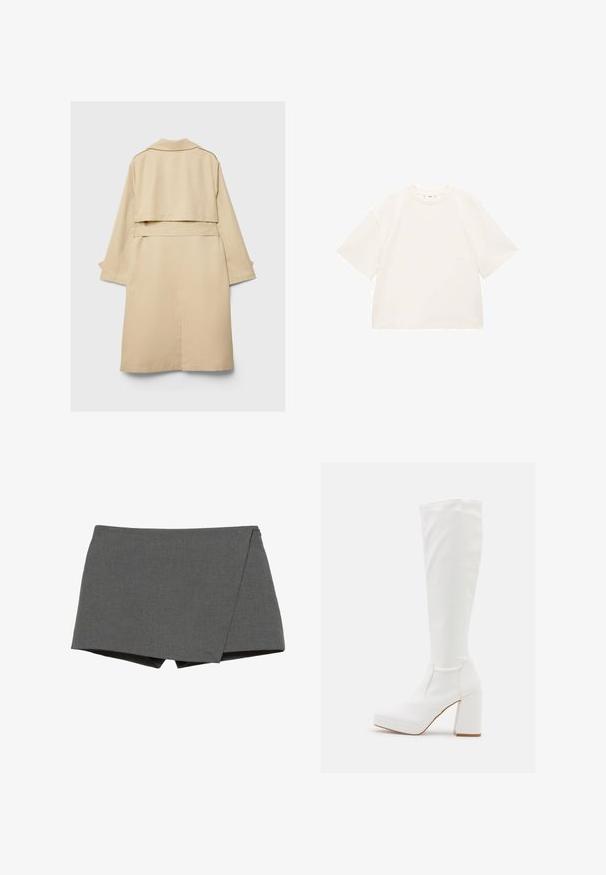 Beige trench coat with a short back hem, long sleeves, and a belt. Made of smooth fabric, features a notched collar and side slits.; Oversized white cotton t-shirt with short sleeves, round neckline, and smooth texture. No patterns or visible hardware details.; Gray wrap-style shorts made of smooth fabric, featuring a diagonal cut and clean edges. No visible hardware or embellishments.; RAID CANNON - Platform boots - white