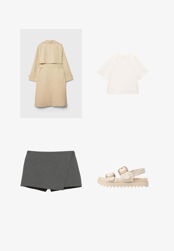Beige Trenchcoat mit einem kurzen hinteren Saum, langen Ärmeln und einem Gürtel. Aus glattem Stoff gefertigt, verfügt er über einen eingekerbten Kragen und seitliche Schlitze.; Übergroßes weißes Baumwoll-T-Shirt mit kurzen Ärmeln, rundem Ausschnitt und glatter Textur. Keine Muster oder sichtbaren Hardwaredetails.; Grau gewickelte Shorts aus glattem Stoff, mit diagonalem Schnitt und sauberen Kanten. Keine sichtbaren Beschläge oder Verzierungen.; Helle beige Sandalen mit strukturierten Stoffriemen und goldfarbenen Akzenten. Die klobige Sohle verfügt über ein Zickzackmuster für zusätzlichen Grip und Stabilität.