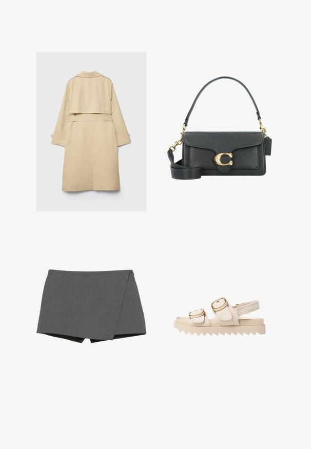 Beige trench coat with a short back hem, long sleeves, and a belt. Made of smooth fabric, features a notched collar and side slits.; Oversized white cotton t-shirt with short sleeves, round neckline, and smooth texture. No patterns or visible hardware details.; Gray wrap-style shorts made of smooth fabric, featuring a diagonal cut and clean edges. No visible hardware or embellishments.; Light beige sandals with textured fabric straps and gold-tone hardware. Chunky sole features zigzag pattern for added grip and stability.; Black leather handbag with a gold hardware accent, featuring a signature clasp, a detachable shoulder strap, and textured surface.