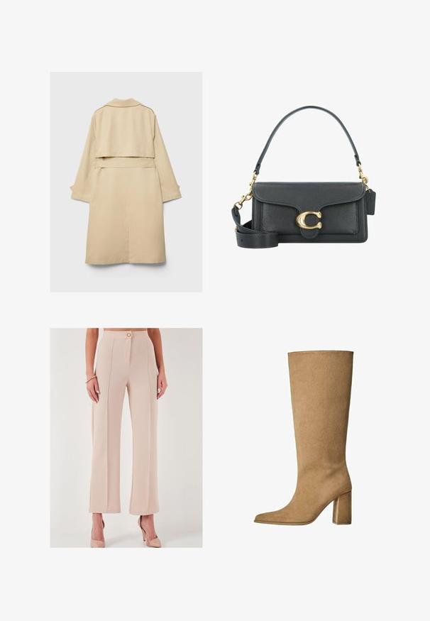 Beige trenchcoat met een korte achterkant, lange mouwen en een riem. Gemaakt van gladde stof, met een geknipt kraag en zijopeningen.; Oversized witte katoenen t-shirt met korte mouwen, ronde halslijn en een gladde textuur. Geen patronen of zichtbare hardwaredetails.; Beige hoge taille wijde pijpenbroeken van geweven stof, met een sluiting met knopen aan de voorkant en zijzakken, met een nette afwerking.; Tan kleurige suède laarzen tot de knie met een blokhak, voorzien van een spitse neus en een gladde textuur. Minimalistisch ontwerp zonder versieringen.; Zwarte leren handtas met een gouden hardware accent, voorzien van een kenmerkende sluiting, een afneembare schouderband en een ge textureerd oppervlak.