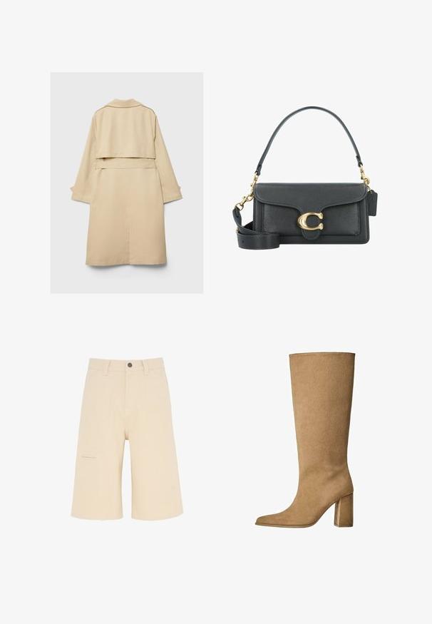 Manteau beige avec un ourlet arrière court, des manches longues et une ceinture. Fabriqué en tissu lisse, il présente un col à revers et des fentes latérales.; T-shirt en coton blanc surdimensionné avec des manches courtes, un col arrondi et une texture lisse. Pas de motifs ni de détails matériels visibles.; Shorts cargo beiges en tissu résistant, avec une coupe décontractée, des poches frontales et une poche latérale avec un détail à rabat.; Botte en daim beige montant jusqu'au genou avec un talon carré, dotée d'un bout pointu et d'une texture lisse. Design minimaliste sans embellissements.; Sac en cuir noir avec des accents en métal doré, doté d'un fermoir signature, d'une bandoulière amovible et d'une surface texturée.