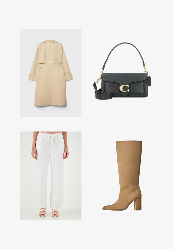 Béžový trenčkot s krátkým zadním lemem, dlouhými rukávy a páskem. Vyroben z hladké látky, má klopový límec a boční rozparky.; Př oversize bílé bavlněné tričko s krátkým rukávem, kulatým výstřihem a hladkou strukturou. Bez vzorů nebo viditelných kovových detailů.; Bílé, volné lněné kalhoty s elastickým pasem a šňůrkou. Hladká textura, široký střih nohavic a žádné viditelné vzory.; Tan semišové kozačky po kolena s blokovým podpatkem, s špičatou špičkou a hladkým povrchem. Minimalistický design bez zdobení.; Černá kožená kabelka se zlatým kováním, s podpisovým zapínáním, odnímatelným ramenním popruhem a texturovaným povrchem.