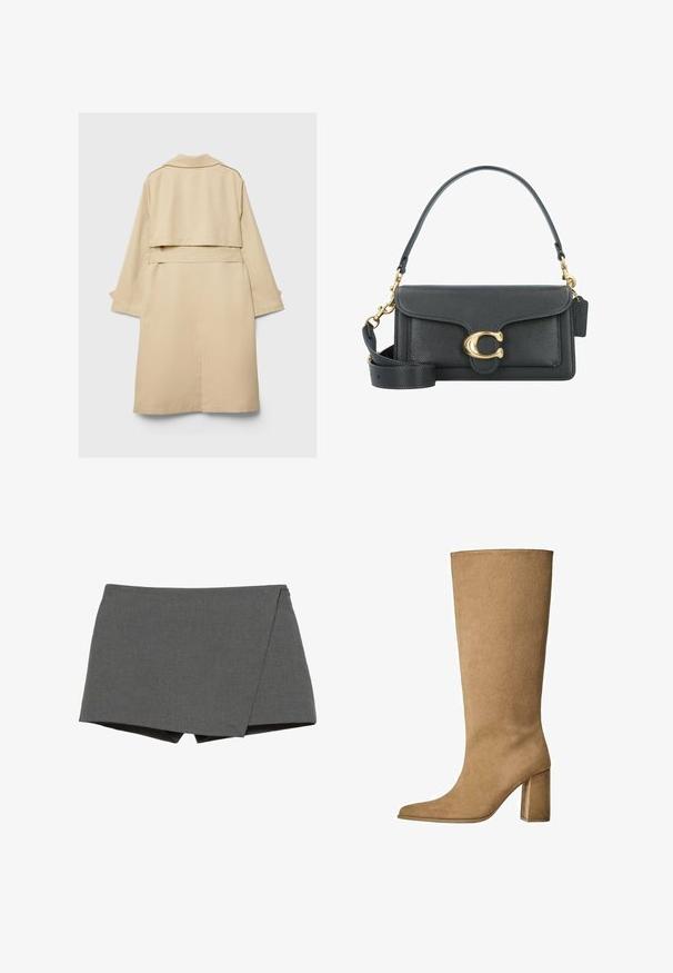 Manteau beige avec un ourlet arrière court, des manches longues et une ceinture. Fabriqué en tissu lisse, il présente un col à revers et des fentes latérales.; T-shirt en coton blanc surdimensionné avec des manches courtes, un col arrondi et une texture lisse. Pas de motifs ni de détails matériels visibles.; Shorts gris en style enveloppant fabriqués dans un tissu lisse, dotés d'une coupe diagonale et de bords nets. Pas de matériel ou d'embellissements visibles.; Botte en daim beige montant jusqu'au genou avec un talon carré, dotée d'un bout pointu et d'une texture lisse. Design minimaliste sans embellissements.; Sac en cuir noir avec des accents en métal doré, doté d'un fermoir signature, d'une bandoulière amovible et d'une surface texturée.