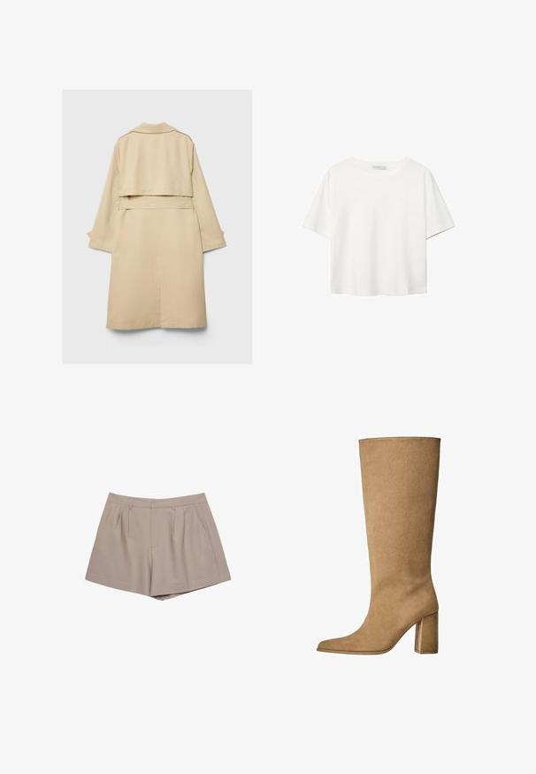 Beige trenchcoat med en kort bagkant, lange ærmer og et bælte. Fremstillet af glat stof, med en skårede krave og sideskårne slids.; Hvid kortærmet t-shirt lavet af bomuld. Har en rund halsudskæring og en afslappet pasform. Glat tekstur uden synlige mønstre eller detaljer.; Beige skræddersyede shorts med høj talje, bæltestropper, forkantsfolder og sidelommer, præsenteret på en hvid baggrund.; Tan ruskinds knæhøje støvler med blokhæle, der har en spids tå og en glat overflade. Minimalistisk design uden udsmykninger.