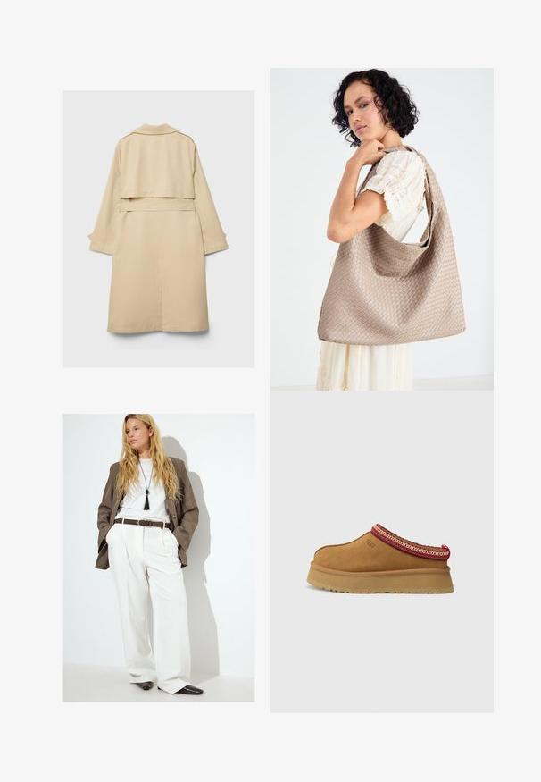 Trench coat beige con orlo posteriore corto, maniche lunghe e cintura. Realizzato in tessuto morbido, presenta un colletto a punte e fessure laterali.; T-shirt bianco a maniche corte realizzato in cotone. Presenta un collo tondo e una vestibilità rilassata. Texture liscia senza motivi o dettagli visibili.; Pantaloni bianchi a pieghe abbinati a un blazer grigio sopra una T-shirt bianca, accentuati da una cintura marrone e scarpe nere con punta.; Scarpa slip-on in suede marrone con bordi a motivo rosso e crema, suola testurizzata e logo UGG di lato. Presenta un leggero rialzo della suola.; Borsa tote beige intrecciata con un design morbido e una sola tracolla. Presenta un motivo Texturizzato su tutta la superficie.