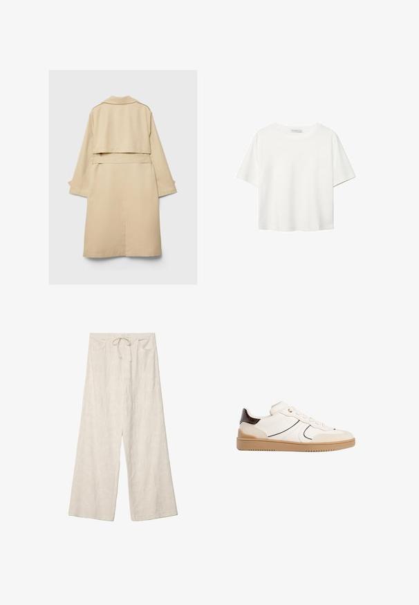 Beige trench coat with a short back hem, long sleeves, and a belt. Made of smooth fabric, features a notched collar and side slits.; White short-sleeve t-shirt made of cotton. Features a crew neckline and a relaxed fit. Smooth texture with no visible patterns or accents.; Wide-leg trousers in a light cream fabric, featuring a textured floral pattern, elastic waistband, and front pockets.; Stradivarius Trainers - white