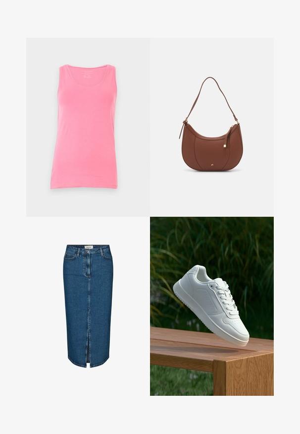 Beige trenchcoat med en kort bagkant, lange ærmer og et bælte. Fremstillet af glat stof, med en skårede krave og sideskårne slids.; Lyserød tanktop lavet af blød stof, med en scoop neckline og smalle stropper. Glat tekstur med en tætsiddende pasform og uden mønstre.; Denim blyantskørt i mørkeblå, med en forslidse, fem lommer og kontrasterende syninger. Mellem høj talje med et klassisk design.; Hvid sneaker med en glat syntetisk overdel, perforeret tåboks, flade snørebånd og en tekstureret sål, præsenteret på en træoverflade.; Brun faux læder skuldertaske med buet form, minimal syning og en guldtonet hardwaredetalje. Har en top lynlåslukning og justerbar rem.