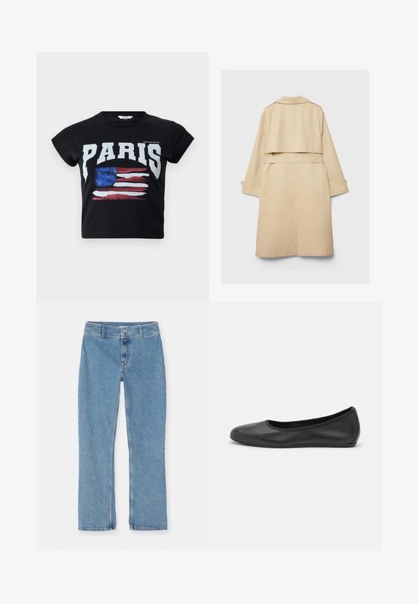 Beige trench coat with a short back hem, long sleeves, and a belt. Made of smooth fabric, features a notched collar and side slits.; Black cotton t-shirt featuring "PARIS" in bold white letters and a distressed American flag graphic in red, white, and blue. Short sleeves.; Light blue straight-leg denim jeans with button and zipper closure, belt loops, and standard stitching on a white background.; Black leather ballet flat with a rounded toe, smooth texture, minimal stitching detail, and a flexible sole design.