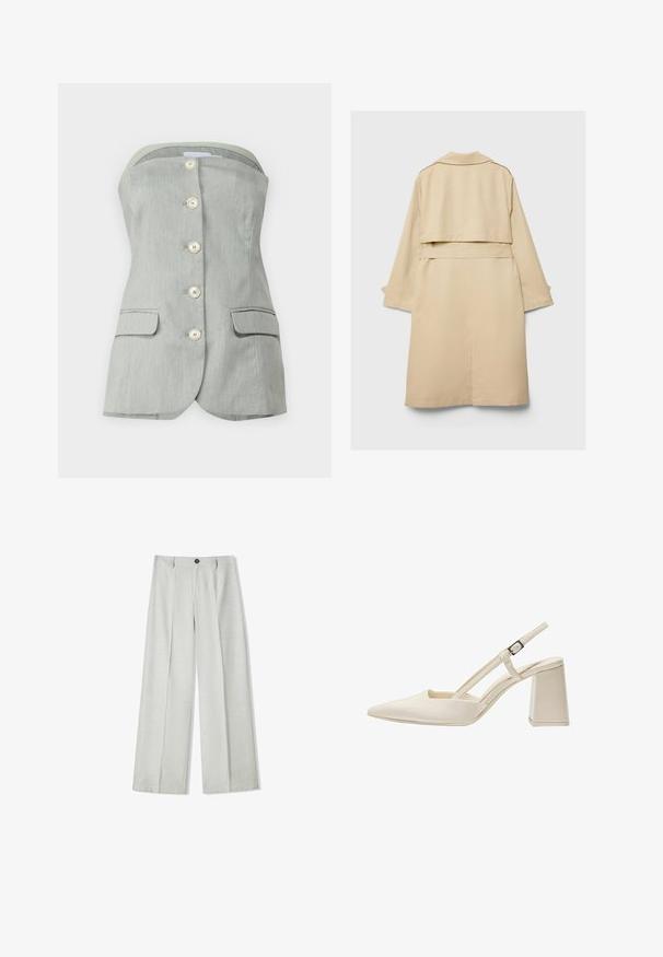Trench coat beige con orlo posteriore corto, maniche lunghe e cintura. Realizzato in tessuto morbido, presenta un colletto a punte e fessure laterali.; Top grigio senza spalline con chiusura a bottoni, caratterizzato da sei grandi bottoni bianchi, due tasche laterali e un design strutturato. Finitura in tessuto testurizzato.; Pantaloni ampi grigi chiari realizzati in un tessuto testurizzato, dotati di una chiusura con bottone e due pieghe frontali per maggior dettaglio.; Scarpe beige con tacco a blocco medio, punta affusolata, finitura lucida in vernice e cinturino regolabile. Design minimalista con lati aperti.