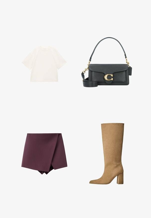 Beżowy trench z krótkim tylnym hemem, długimi rękawami i paskiem. Wykonany z gładkiego materiału, posiada wykładany kołnierz i boczne rozcięcia.; Przesadnie duża biała koszulka bawełniana z krótkimi rękawami, okrągłym dekoltem i gładką fakturą. Bez wzorów ani widocznych detali.; Ciemnofioletowa asymetryczna mini spódnica z zapinanym przodem i gładką teksturą materiału.; Karmowe zamszowe botki do kolan na słupku, z ostrym noskiem i gładką fakturą. Minimalistyczny design bez ozdób.; Czarna skórzana torba na ramię z akcentami w kolorze złotym, wyposażona w charakterystyczne zapięcie, odpinany pasek na ramię oraz teksturowaną powierzchnię.