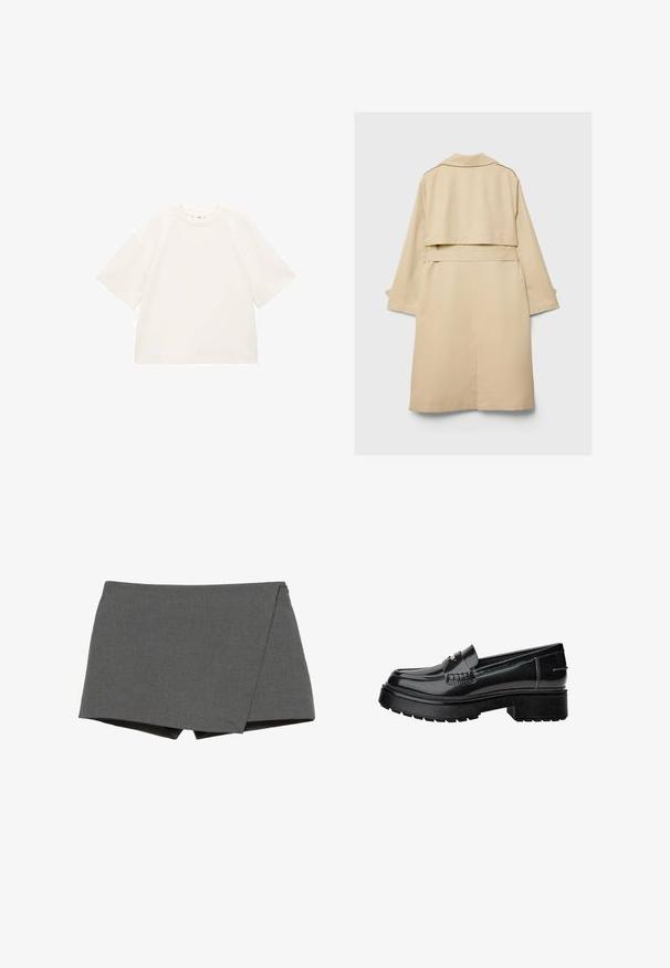 Beige Trenchcoat mit einem kurzen hinteren Saum, langen Ärmeln und einem Gürtel. Aus glattem Stoff gefertigt, verfügt er über einen eingekerbten Kragen und seitliche Schlitze.; Übergroßes weißes Baumwoll-T-Shirt mit kurzen Ärmeln, rundem Ausschnitt und glatter Textur. Keine Muster oder sichtbaren Hardwaredetails.; Grau gewickelte Shorts aus glattem Stoff, mit diagonalem Schnitt und sauberen Kanten. Keine sichtbaren Beschläge oder Verzierungen.; Schwarze Lacklederschlüpfer mit einer klobigen Sohle, ausgestattet mit einem dekorativen Riemen und subtilen Nähten. Gummierte Textur auf der Außensohle.