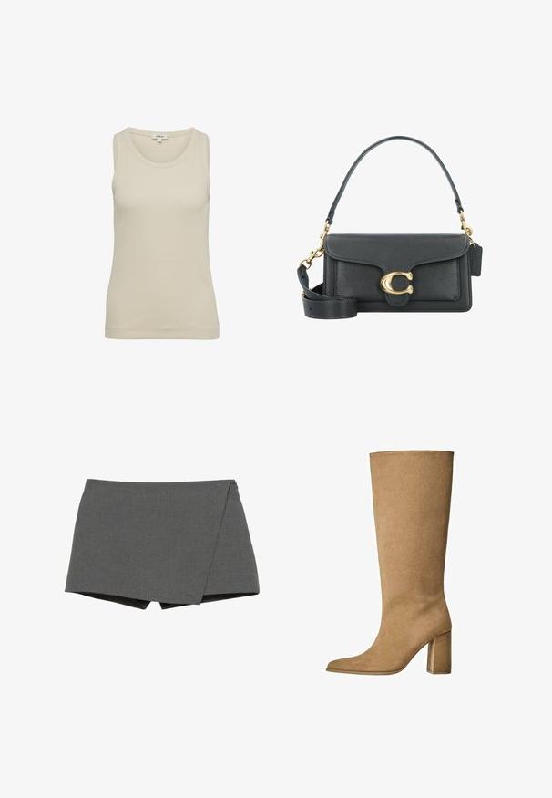 Beżowy trench z krótkim tylnym hemem, długimi rękawami i paskiem. Wykonany z gładkiego materiału, posiada wykładany kołnierz i boczne rozcięcia.; Jasnobeżowy top na ramiączkach z okrągłym dekoltem i szerokimi ramiączkami. Wykonany z prążkowanego materiału, charakteryzuje się prostym, bezszwowym wzornictwem.; Szare szorty w stylu zwijanym, wykonane z gładkiego materiału, z ukośnym cięciem i czystymi krawędziami. Brak widocznych elementów metalowych lub ozdób.; Karmowe zamszowe botki do kolan na słupku, z ostrym noskiem i gładką fakturą. Minimalistyczny design bez ozdób.; Czarna skórzana torba na ramię z akcentami w kolorze złotym, wyposażona w charakterystyczne zapięcie, odpinany pasek na ramię oraz teksturowaną powierzchnię.