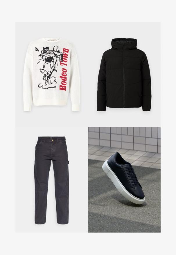 Schwarze gepolsterte Jacke mit Kapuze, ausgestattet mit einem durchgehenden Reißverschluss, horizontalen Nähten und elastischen Bündchen für eine enge Passform.; Weißer, gestrickter Pullover mit einem schwarzen und roten grafischen Design, das einen Cowboy und ein Pferd zeigt, sowie dem Text "Rodeo Town" in fetten roten Buchstaben.; Dunkelgraue Cargo-Hosen aus strapazierfähigem Stoff, mit geradem Bein, fünf Taschen und einem Knopfverschluss an der Taille.; Schwarze Leder-Sneaker mit runder Zehenpartie und weißer Gummisohle. Verfügt über flache Schnürsenkel und minimale Nähte im Obermaterial. Strukturiertes Sohlenprofil für besseren Halt.