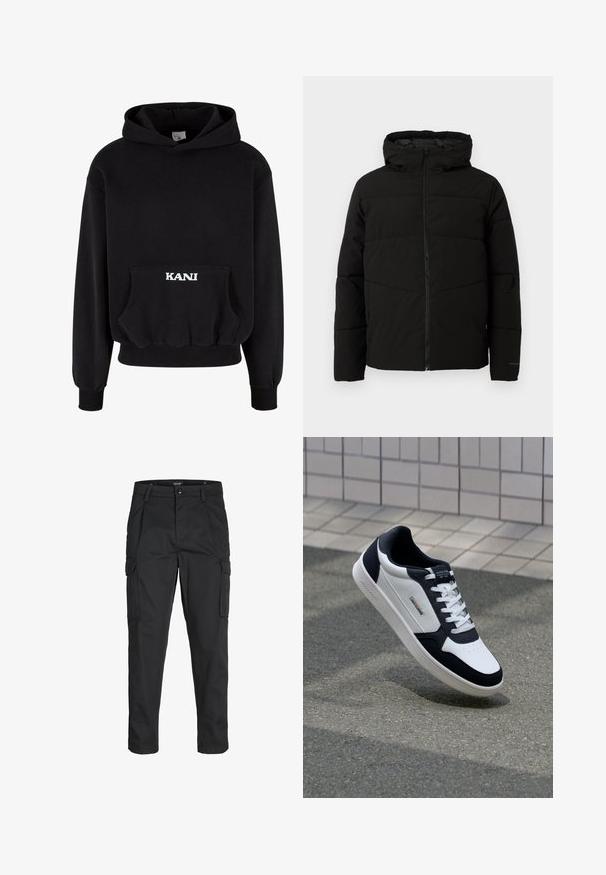 Mustat vuorattuja takki, jossa on huppu, täysi etuvetoketju, vaakasuorat saumat ja joustavat hihansuut tiiviiseen istuvuuteen.; Huppari, jossa on musta huppu ja puuvillasekoitetta, etutasku ja valkoiset kirjaimet "KANI" taskussa. Farkkujen resorit helmassa ja hihansuissa.; Mustat cargo-housut, jotka on valmistettu kestävästä kankaasta. Housuissa on useita taskuja, nappisulku ja kapea istuvuus, jossa on kapenevat lahkeet.; Valkoinen ja tummansininen nahkakengät, joissa on teksturoitu pohja, nauhakiinnitys ja logotagi. Ominaisuuksiin kuuluu rei'itetty varvasosa ja pehmustettu nilkka.