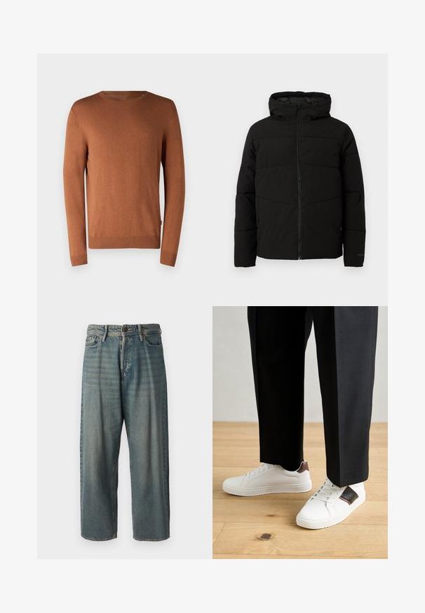 Jachetă neagră căptușită cu glugă, având un fermoar complet pe față, cusături orizontale și manșete elastice pentru o fixare strânsă.; Pulover tricotat maro cu guler rotund, mâneci lungi, manșete și tiv cu nervuri, având o textură netedă și un design simplu.; Jeans din denim bleu deschis, cu o croială lejeră, talie medie și picioare drepte. Au cinci buzunare, bucle pentru curea și închidere cu nasture.; Sneakers albe cu textură netedă, având accente din piele maro și detalii negre, asociate cu pantaloni negri pe măsură. Fundal din podea din lemn.