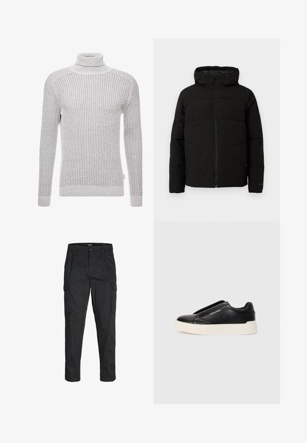 Mustat vuorattuja takki, jossa on huppu, täysi etuvetoketju, vaakasuorat saumat ja joustavat hihansuut tiiviiseen istuvuuteen.; Harmaa ribattu korkeakauluksinen neule pitkähihaisilla, jossa on teksturoitu kuvio ja sopiva siluetti kaula-aukossa ja hihoissa.; Mustat cargo-housut, jotka on valmistettu kestävästä kankaasta. Housuissa on useita taskuja, nappisulku ja kapea istuvuus, jossa on kapenevat lahkeet.; Musta liukusneakeri, jossa on teksturoitu nahkapinta, valkoinen kumipohja ja ei näkyviä nauhoja. Sivulla on brändin logo.