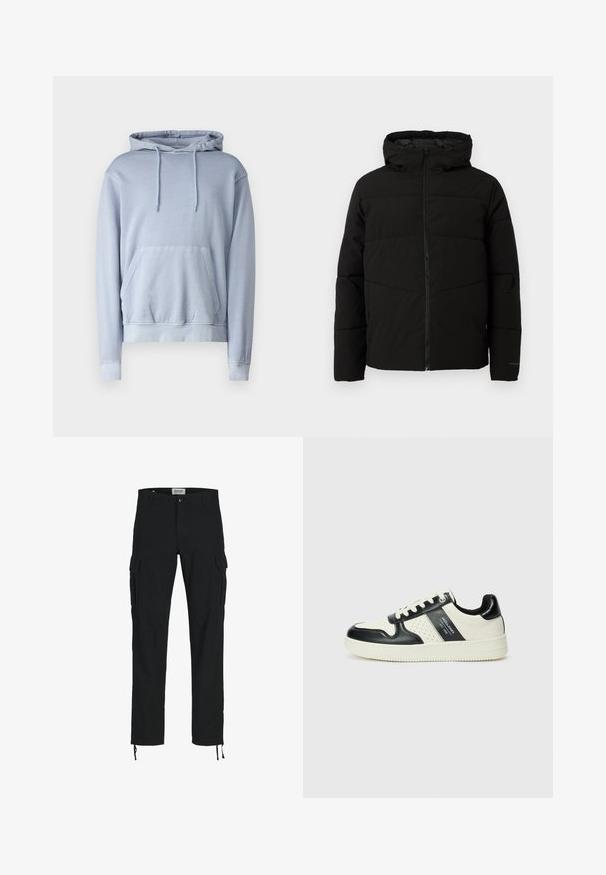 Czarna, pikowana kurtka z kapturem, z pełnym zapięciem na zamek z przodu, poziomym przeszyciem i elastycznymi mankietami dla lepszego dopasowania.; Jasnoniebieska bluza z kapturem, wykonana z miękkiego materiału, z kieszenią z przodu, kapturem na sznurku oraz ściągaczami przy rękawach i u dołu. Gładki, podstawowy design bez wzorów.; Czarne spodnie cargo o prostym kroju, z bocznymi kieszeniami, zapięciem na guzik i elastycznymi sznurkami przy kostkach. Wykonane z trwałego materiału.; Skórzane sneakersy w czarno-kremowym schemacie kolorystycznym, z perforowanymi akcentami, wyściełanym kołnierzem i teksturowaną podeszwą.