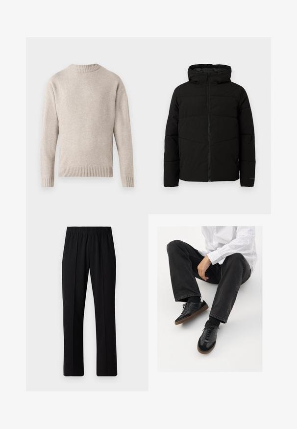Melnā polsterētā jaka ar kapuci, ar pilnīgu priekšējo rāvējslēdzēju, horizontālām šuvēm un elastīgām piedurknēm ciešai piegulšanai.; Bežs adīts džemperis ar apaļu kakla izgriezumu, ribotām piedurknēm un apakšmalu, kā arī mīkstu struktūru. Iekļauj brīvu piegriezumu un garas piedurknes.; Melni elastīgi bikses ar taisnas kājas dizainu, ar gludu tekstūru un bez redzamām zīmēm vai detaļām.; Melnas sporta kurpes ar gludu un teksturētu virsu, apgādātas ar gumijas zoli un tumšiem auklām. Saskaņotas ar melniem džinsiem un baltu svītrainu krekls.