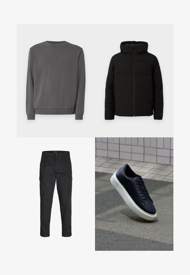 Giacca nera imbottita con cappuccio, dotata di zip frontale completa, cuciture orizzontali e polsini elasticizzati per una vestibilità aderente.; Felpa grigia realizzata in materiale morbido, con scollo rotondo, maniche lunghe, polsini a coste e orlo diritto per una vestibilità rilassata.; Pantaloni cargo neri realizzati in un tessuto resistente, dotati di molteplici tasche, chiusura con bottone e un design aderente con gambe affusolate.; Sneaker in pelle nera con punta arrotondata e suola in gomma bianca. Presenta lacci piatti e cuciture minime sulla parte superiore. Suola testurizzata per una migliore aderenza.