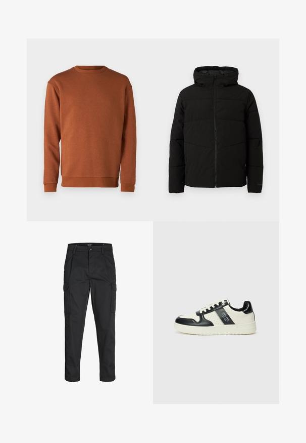 Čierna zateplená bunda s kapucňou, s celoplošným zipsom, horizontálnym prešívaním a elastickými manžetami pre tesné priliehanie.; Jack & Jones JJEBRADLEY CREW - Mikina - mocha bisque; Čierne cargo nohavice z odolnej látky, s viacerými vreckami, gombíkovým zapínaním a úzkym strihom so zúženými nohavicami.; Kožené tenisky v čierno-krémovej farbe, s perforovanými akcentmi, polstrovaným golierom a štruktúrovanou podrážkou.