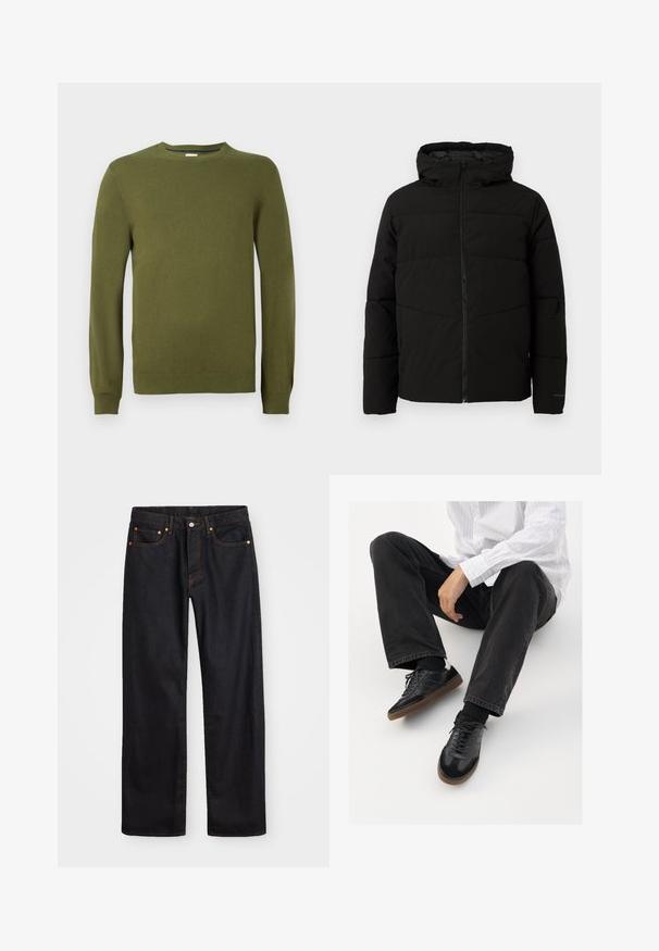 Veste matelassée noire avec capuche, dotée d'une fermeture zippée sur toute la longueur, de surpiqûres horizontales et de poignets élastiques pour un ajustement confortable.; Pull en maille vert olive, col rond, manches longues, bords côtes aux poignets et à l'ourlet, texture lisse, matériau léger, design décontracté.; Jean en denim noir pour hommes, coupe droite, avec cinq poches et surpiqûres orange, fermeture par bouton et zip à la taille avant.; Sneakers noirs avec un dessus lisse et texturé, dotés d'une semelle en caoutchouc et de lacets sombres. Associés à un jean noir et une chemise blanche à rayures.