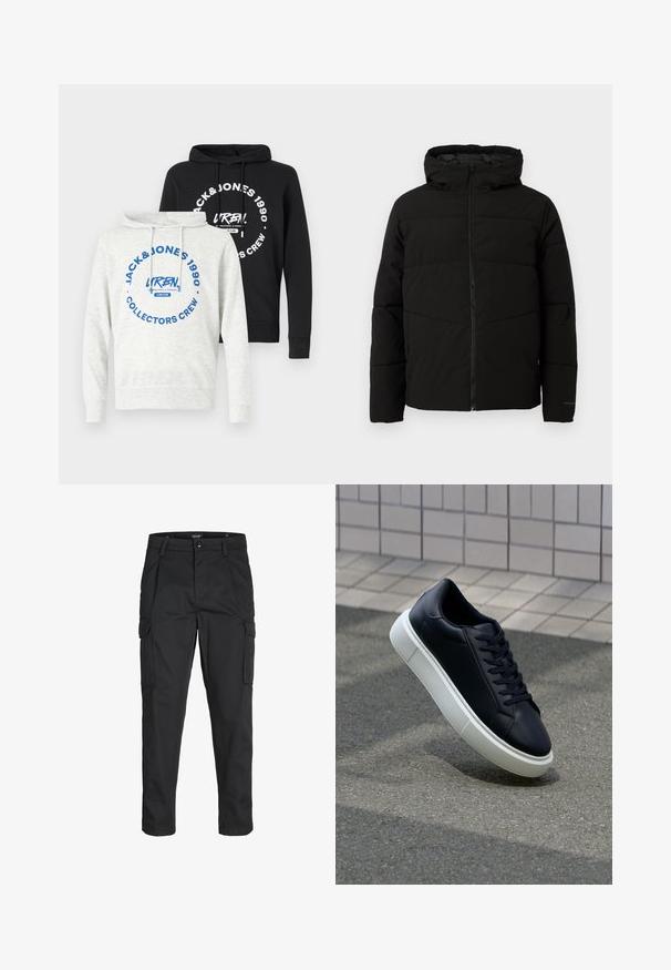 Mustat vuorattuja takki, jossa on huppu, täysi etuvetoketju, vaakasuorat saumat ja joustavat hihansuut tiiviiseen istuvuuteen.; Kaksi hupparia: yksi harmaa, jossa on sininen graafinen teksti, ja yksi musta, jossa on valkoinen graafinen teksti. Molemmissa on kiristysnauhat ja ribbauskankaiset hihansuut. Puuvillasekoitetta.; Mustat cargo-housut, jotka on valmistettu kestävästä kankaasta. Housuissa on useita taskuja, nappisulku ja kapea istuvuus, jossa on kapenevat lahkeet.; Mustat nahkakengät, joissa on pyöristetty kärki ja valkoinen kumipohja. Varusteena litteät nauhat ja minimaalinen ommel ylhäällä. Teksturoitu pohja pitävyyden lisäämiseksi.