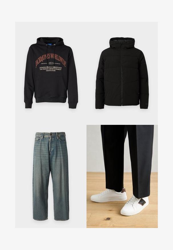 Svart polstret jakke med hette, med full front glidelås, horisontale sømmer og elastiske mansjetter for en tettsittende passform.; Svart hettegenser med kengurulomme, med rød teksttrykk: "JACK&JONES WORLDWIDE" og tilleggstekst nedenfor. Laget av mykt stoff.; Lyseblå denimjeans med løs passform, midjehøyde og rette ben. Har fem lommer, beltehemper og knappelukking.; Hvite sneakers med glatt tekstur, med brune skinnakenter og svart detaljer, parret med svarte skreddersydde bukser. Bakgrunn med tregulv.