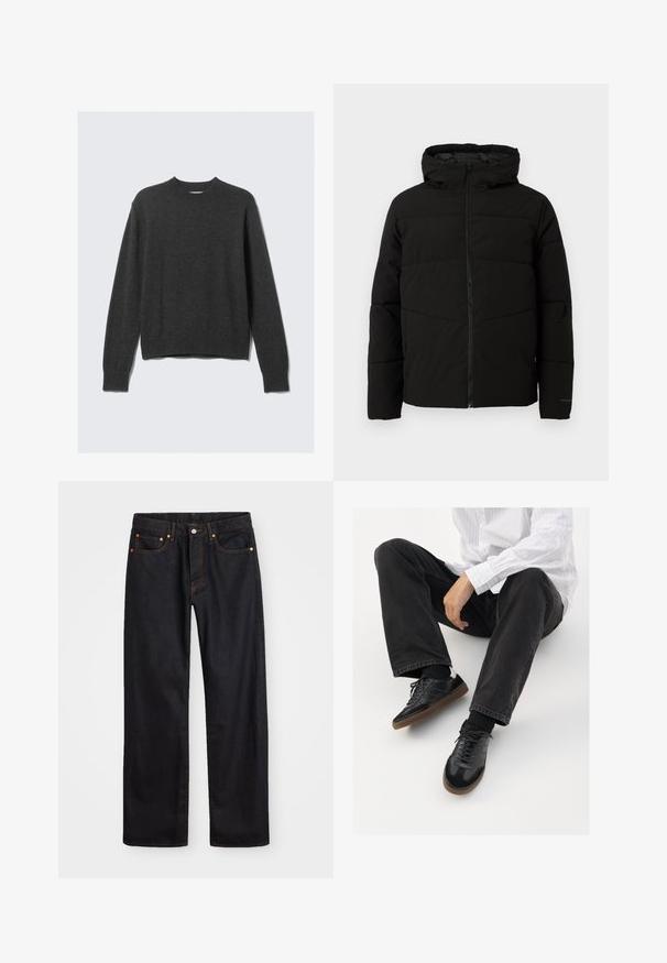 Fekete párnázott kabát kapucnival, teljes elülső cipzárral, vízszintes varrással és elasztikus mandzsettákkal a szoros illeszkedés érdekében.; Sötét szürke kötött pulóver kerek nyakkivágással, bordázott mandzsettával és szegéllyel. Az anyaga sima tapintású, és laza szabású dizájnnal rendelkezik.; Férfi egyenes szabású fekete farmernadrág öt zsebbel és narancssárga varrással, gombos és cipzáros záródással elöl.; Fekete tornacipők sima és texturált felsőrészel, gumitalppal és sötét cipőfűzőkkel. Fekete farmernadrággal és fehér csíkos inggel párosítva.